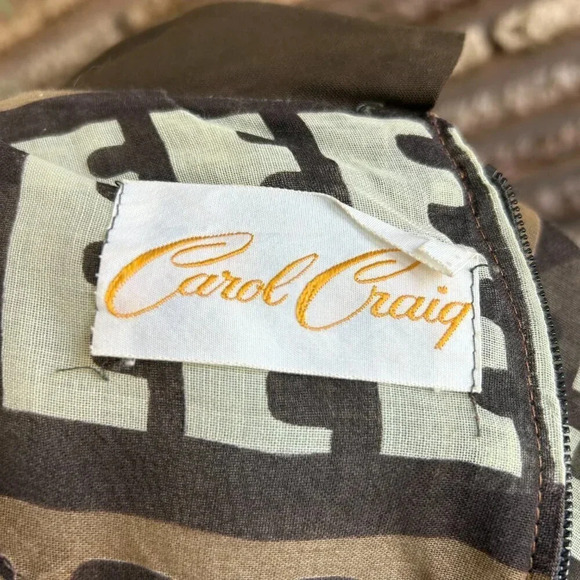 Vintage 60's Carol Craig Brown Geometric Big Bow Modest Sheath Dress - Picture 2 of 7